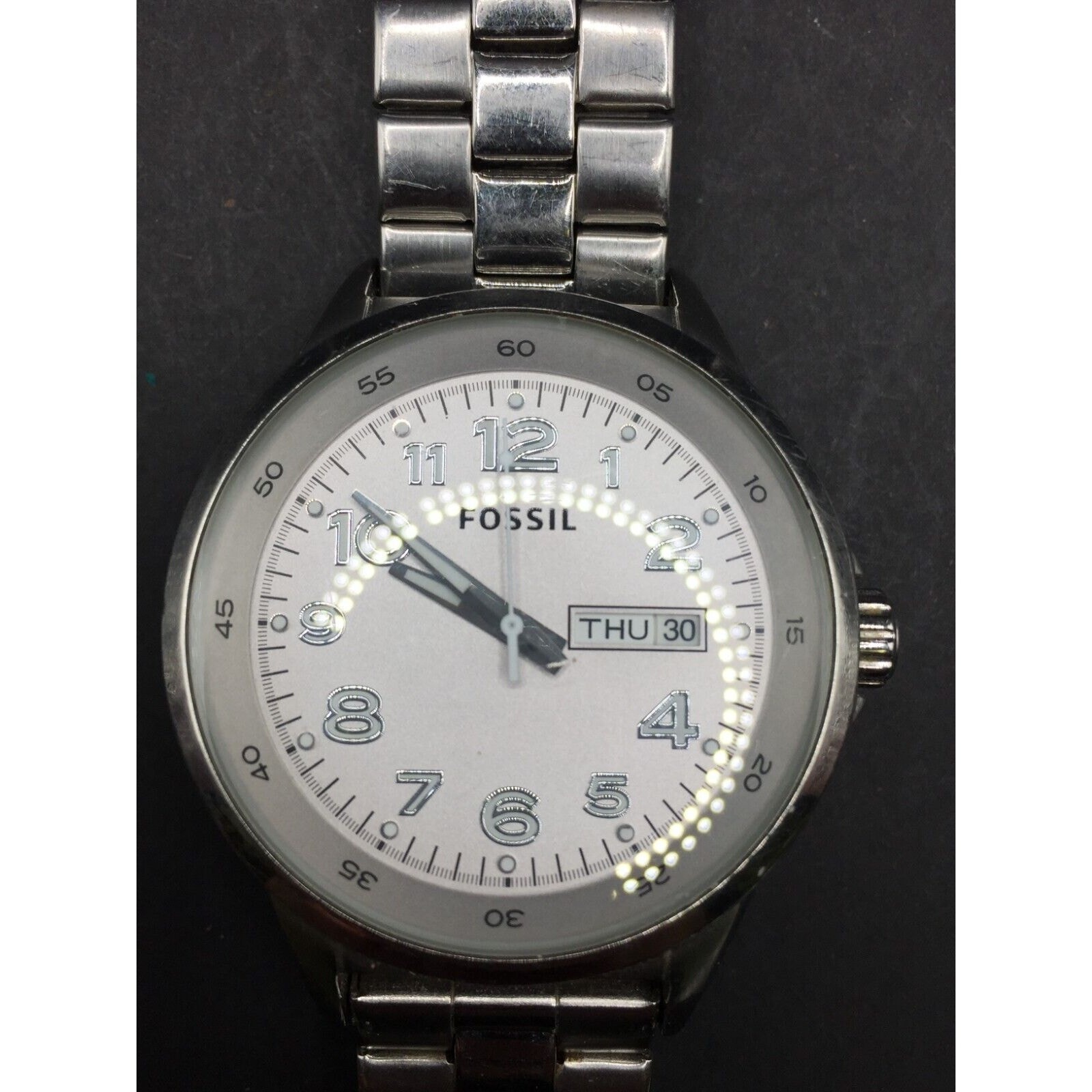 Fossil Am4342 Womens Silver Stainless Steel Analog Dial Wrist Watch Date Day